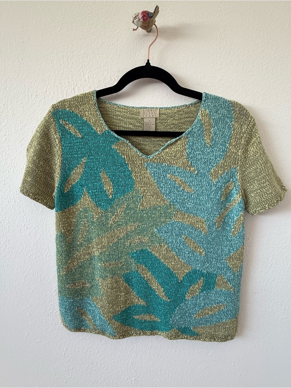 Sigrid Olsen Green & Teal Leaf-Pattern Short Sleeve Knit Top